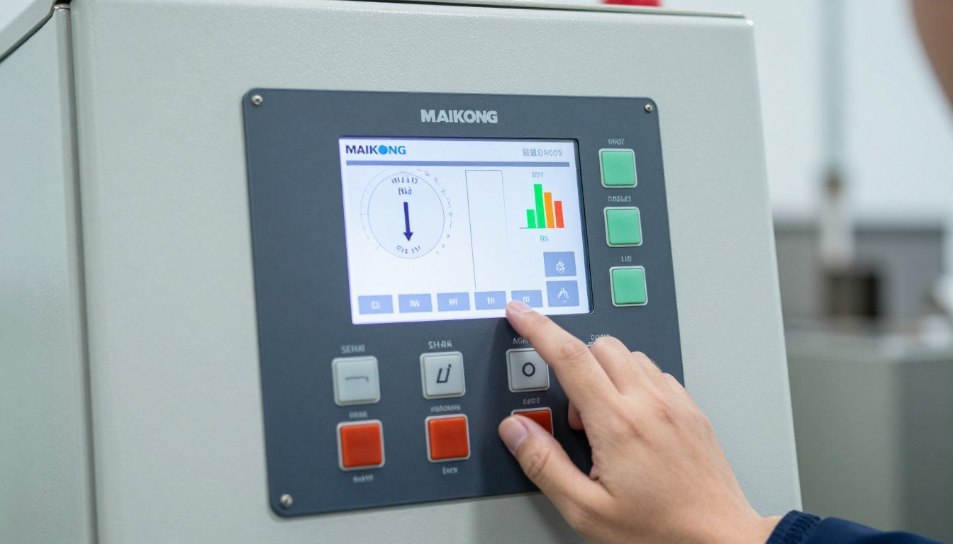 Control panel of MAIKONG broiler pellet machine showing digital interface