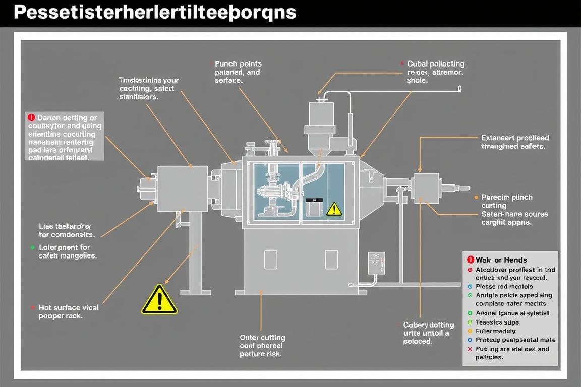Diagram illustrating common pelletizer machine safety hazards and risk zones