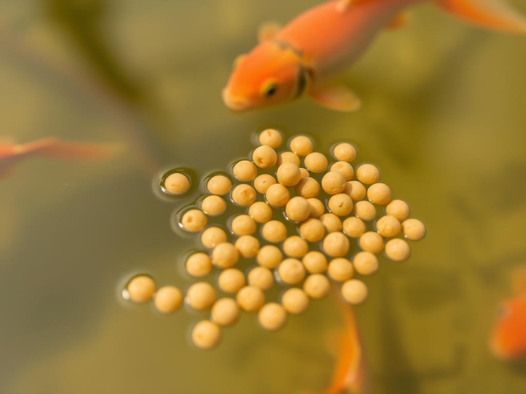 Floating fish feed pellets on water surface Floating fish feed pellets on water surface