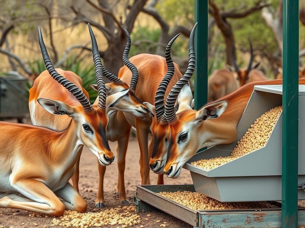 Game animals consuming specialized feed pellets from MAIKONG machines Game animals consuming specialized feed pellets from MAIKONG machines