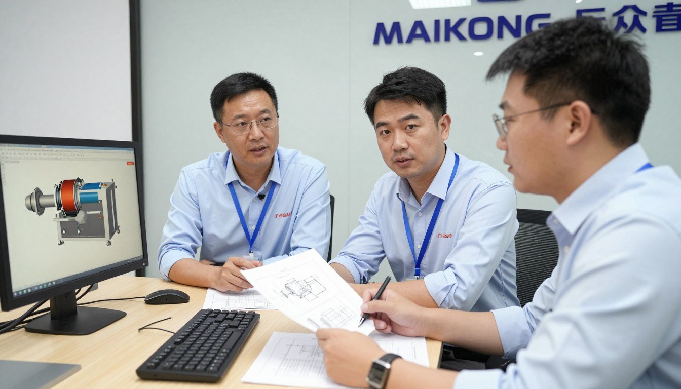 MAIKONG engineers discussing custom broiler pellet machine design with client