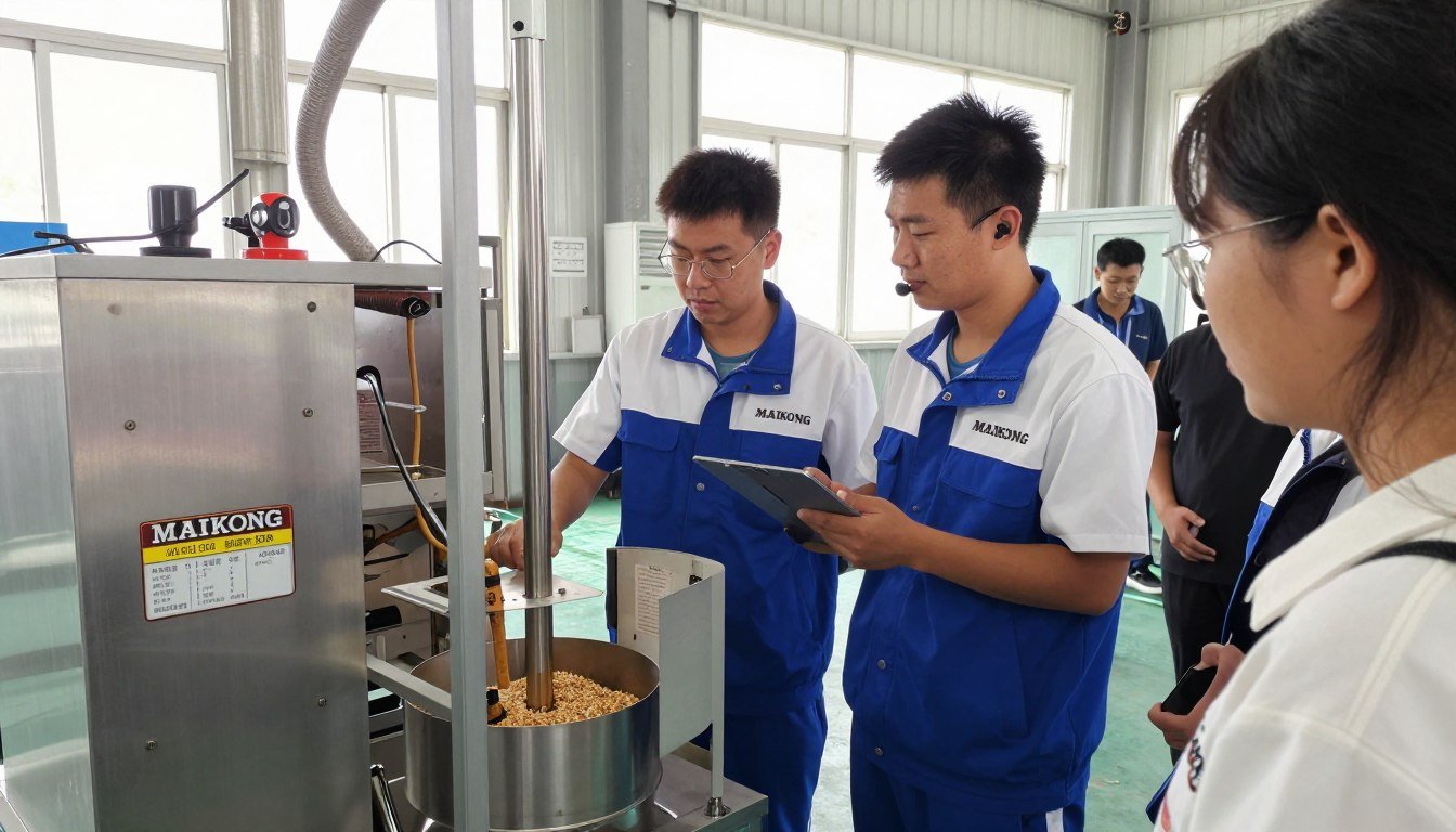 MAIKONG technical support team assisting with animal feed pellet machine operation