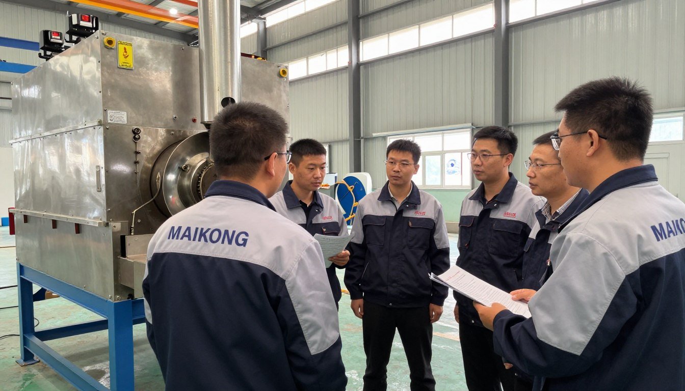 MAIKONG technical support team assisting with broiler pellet machine installation