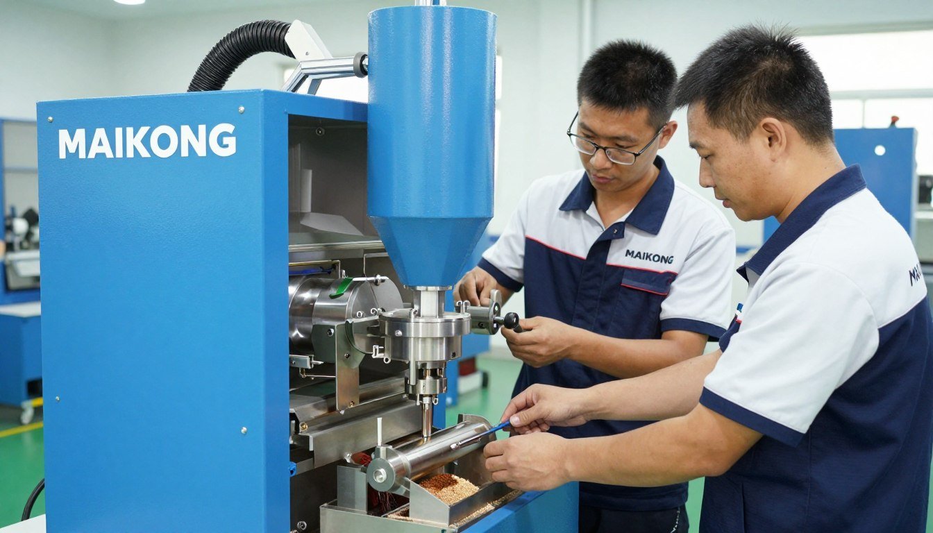 MAIKONG technicians customizing a chicken pellet making machine for a South African client