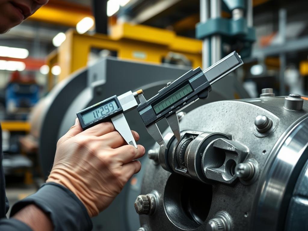 Quality control inspection of MAIKONG hammer mill components showing precision testing Quality control inspection of MAIKONG hammer mill components showing precision testing