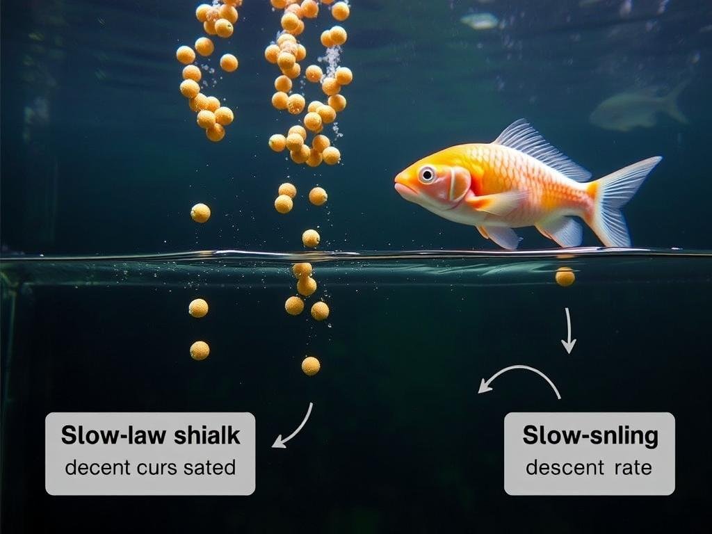 Slow-sinking fish feed pellets in water column Slow-sinking fish feed pellets in water column