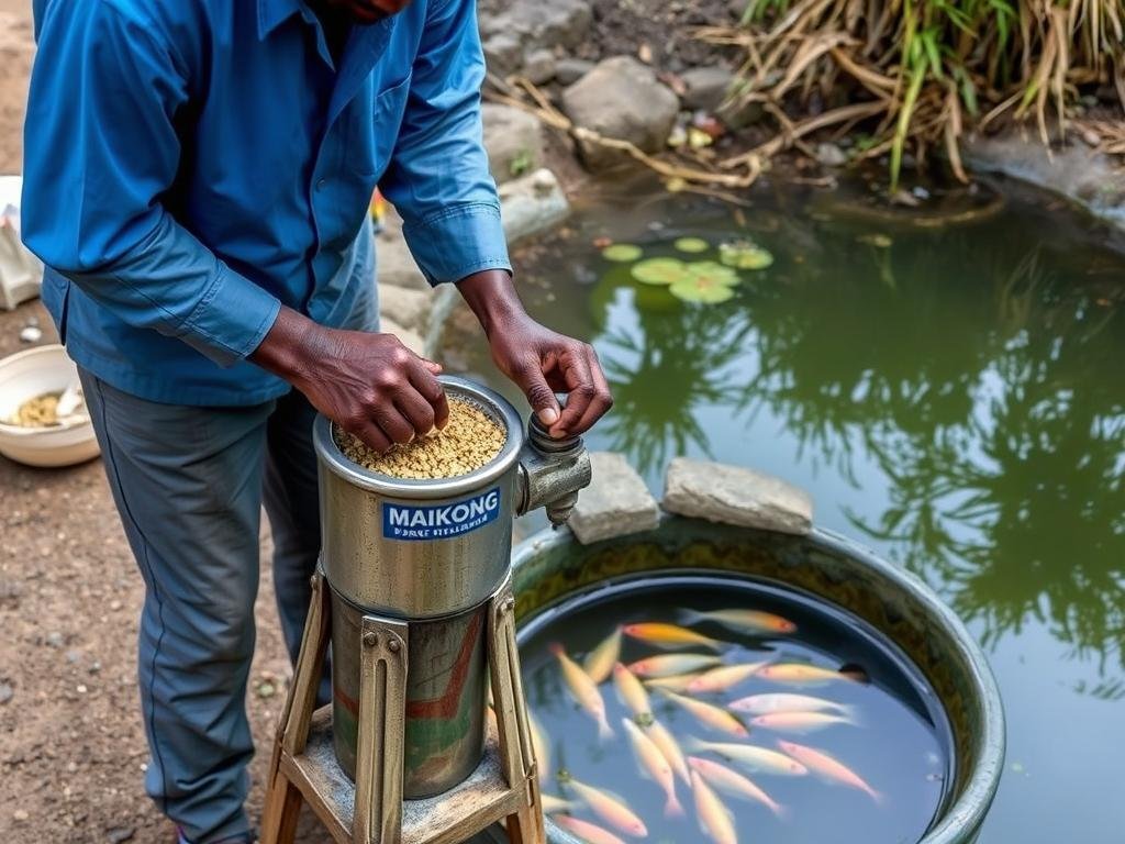 Small-scale fish farmer using MAIKONG manual fish feed pellet machine Small-scale fish farmer using MAIKONG manual fish feed pellet machine