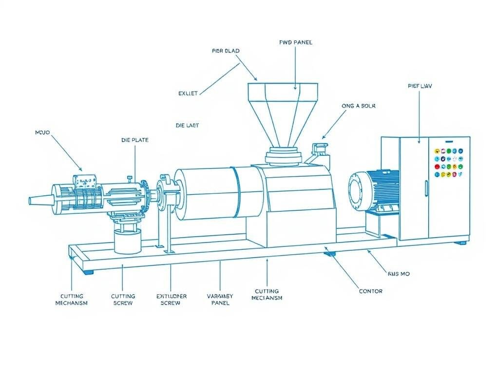 Technical diagram of fish feed pellet machine showing key components Technical diagram of fish feed pellet machine showing key components