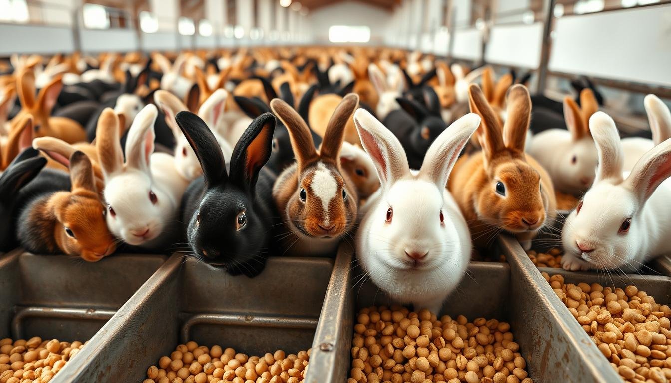 Various rabbit breeds benefiting from pellet feed