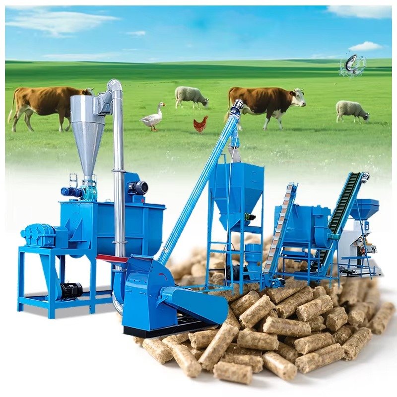 Industrial pelletizer machine processing lucerne hay into uniform feed pellets for sheep