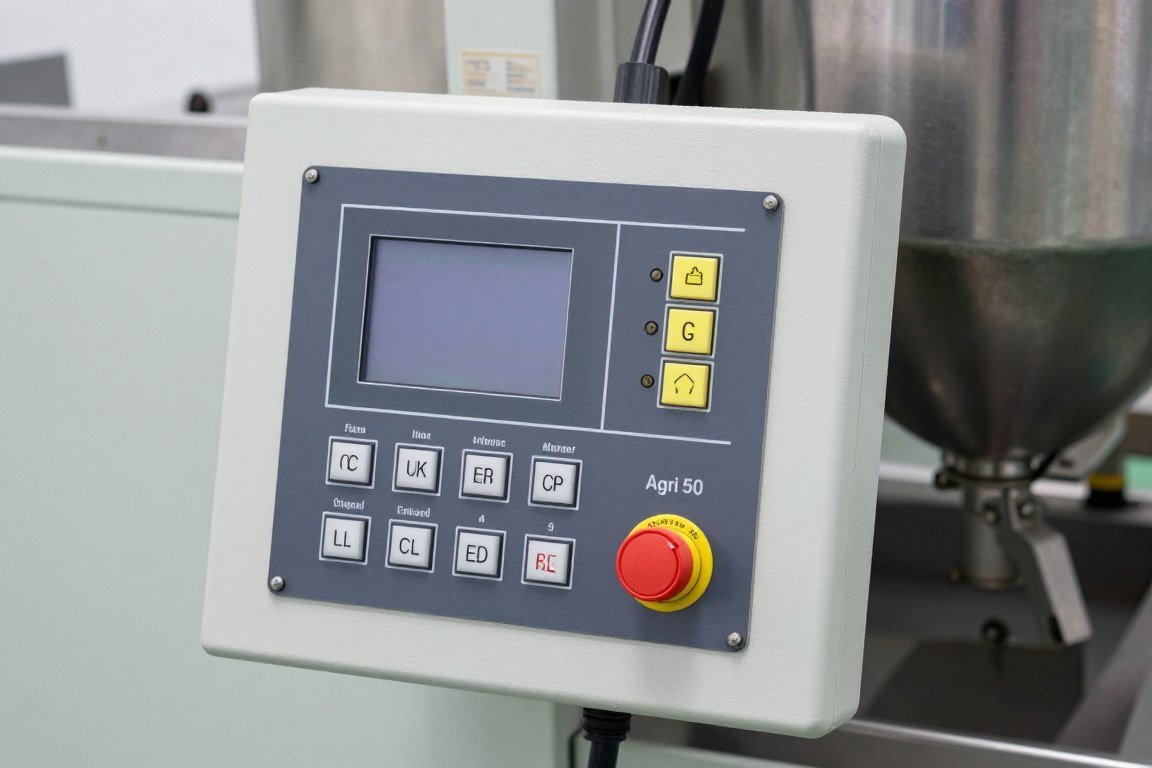 Control panel of the Agri 50 pelleting machine showing interface and controls
