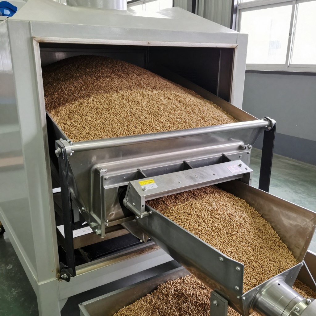 Feed pellet cooling system showing counter-flow cooler