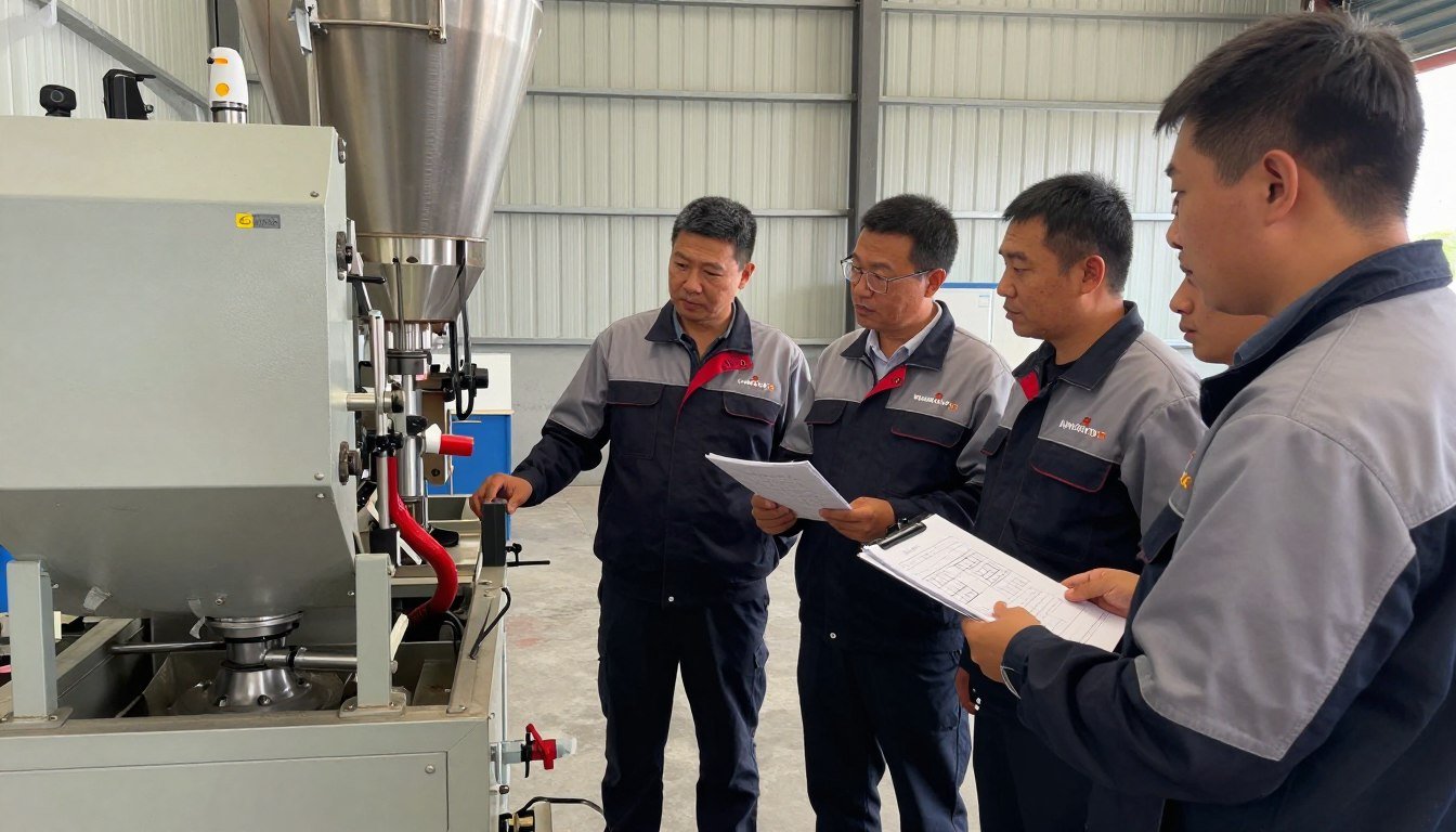 MAIKONG technical team providing on-site support for a lucerne pellet machine installation in South Africa