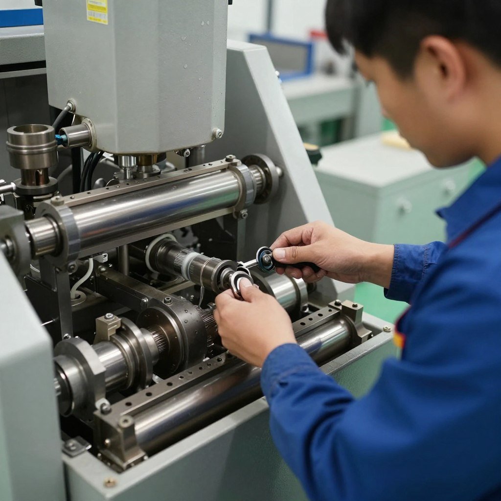 MAIKONG technician performing maintenance on feed pellet machine