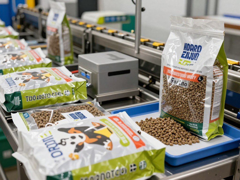 Packaging line for finished dog food pellets Packaging line for finished dog food pellets