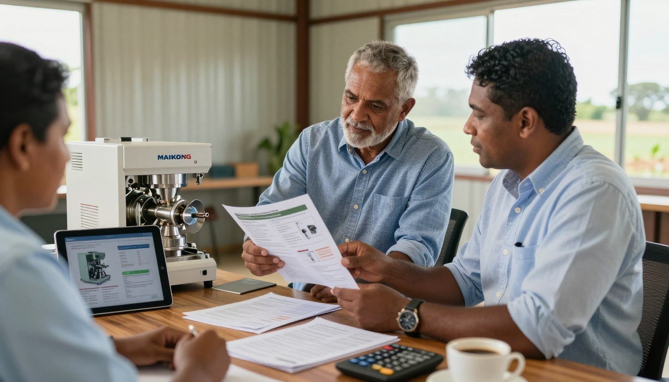 South African farmer evaluating lucerne pellet machine options with MAIKONG representative