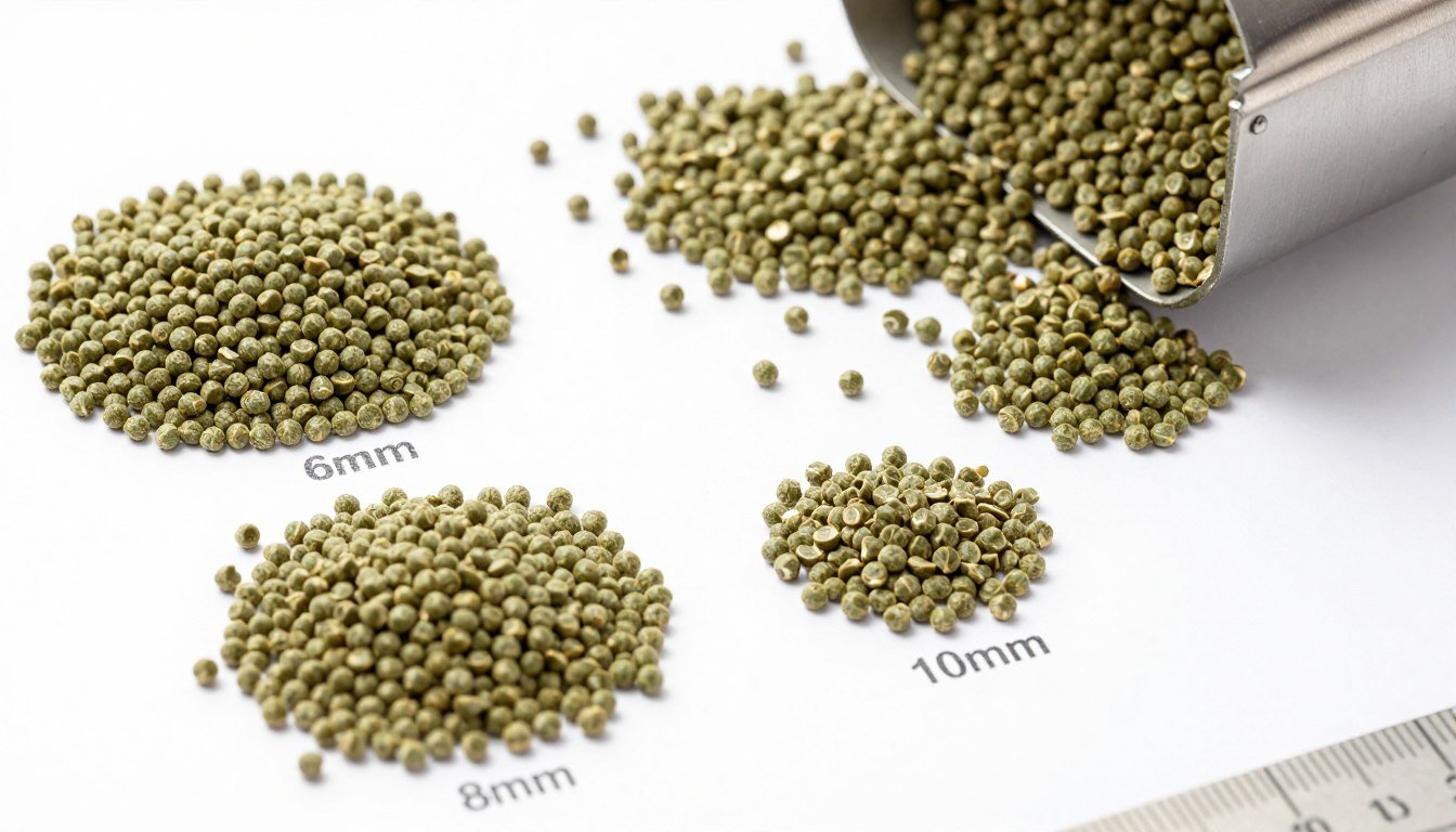 Various lucerne pellets produced by MAIKONG lucerne pelleting machine showing different sizes and applications