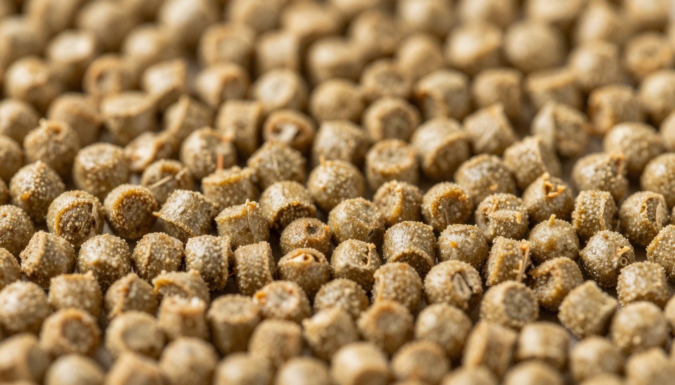 Close-up of goat feed pellets produced by MAIKONG machine showing consistent quality