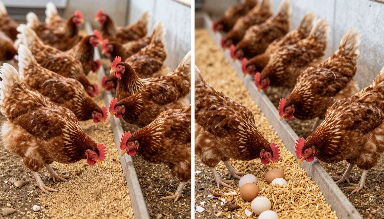 Comparison of layer hens fed with pelletized feed versus mash feed showing productivity differences
