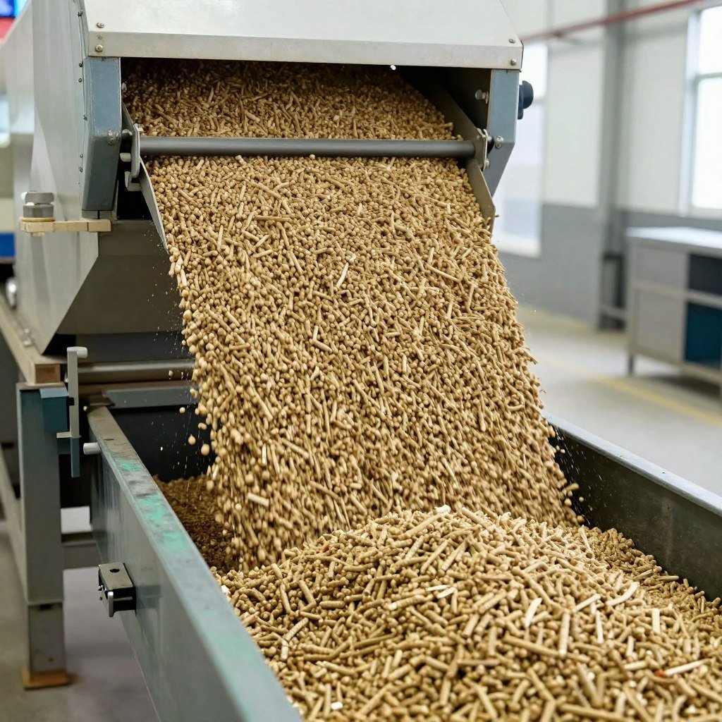 Finished sheep feed pellets being discharged from the pellet machine