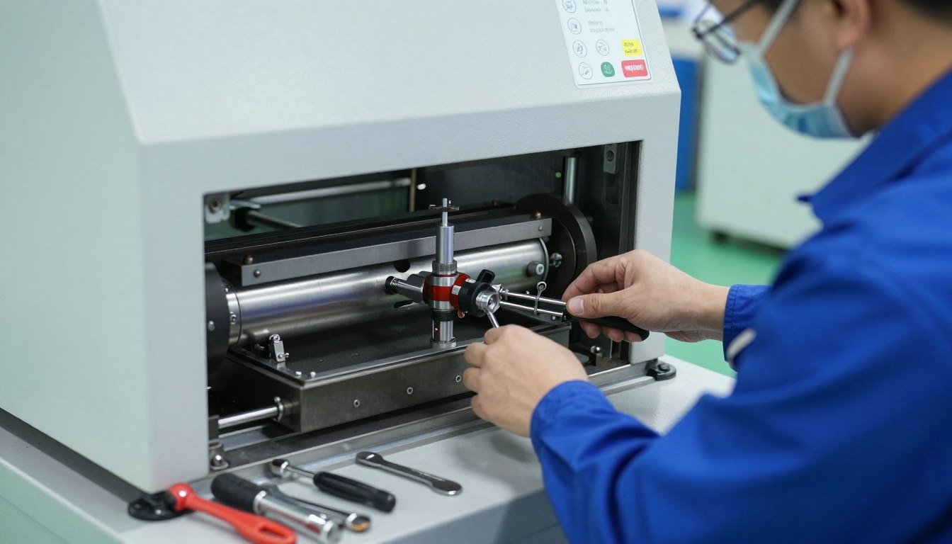 MAIKONG technician providing maintenance service on a pellet machine