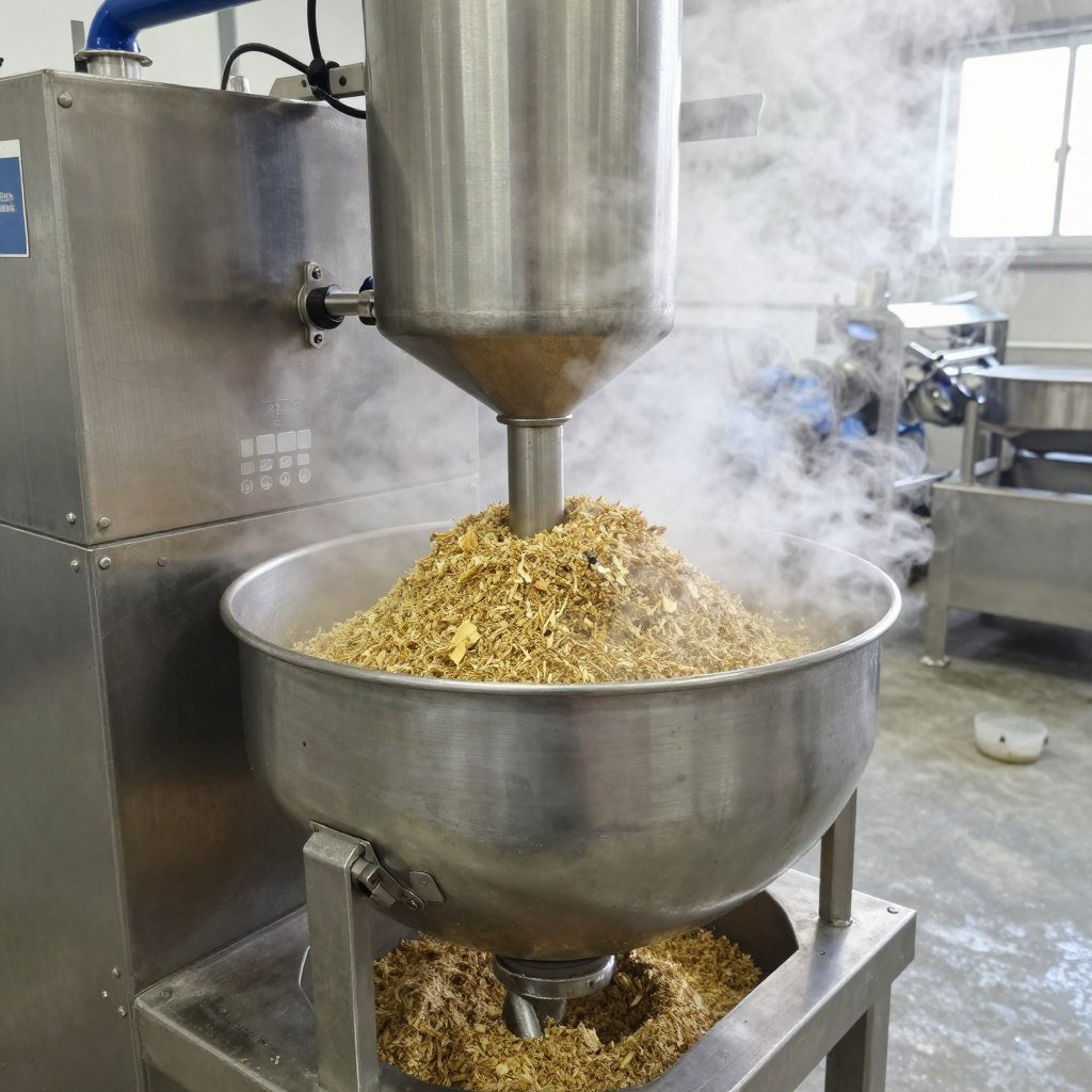 Sheep feed ingredients being mixed and conditioned with steam