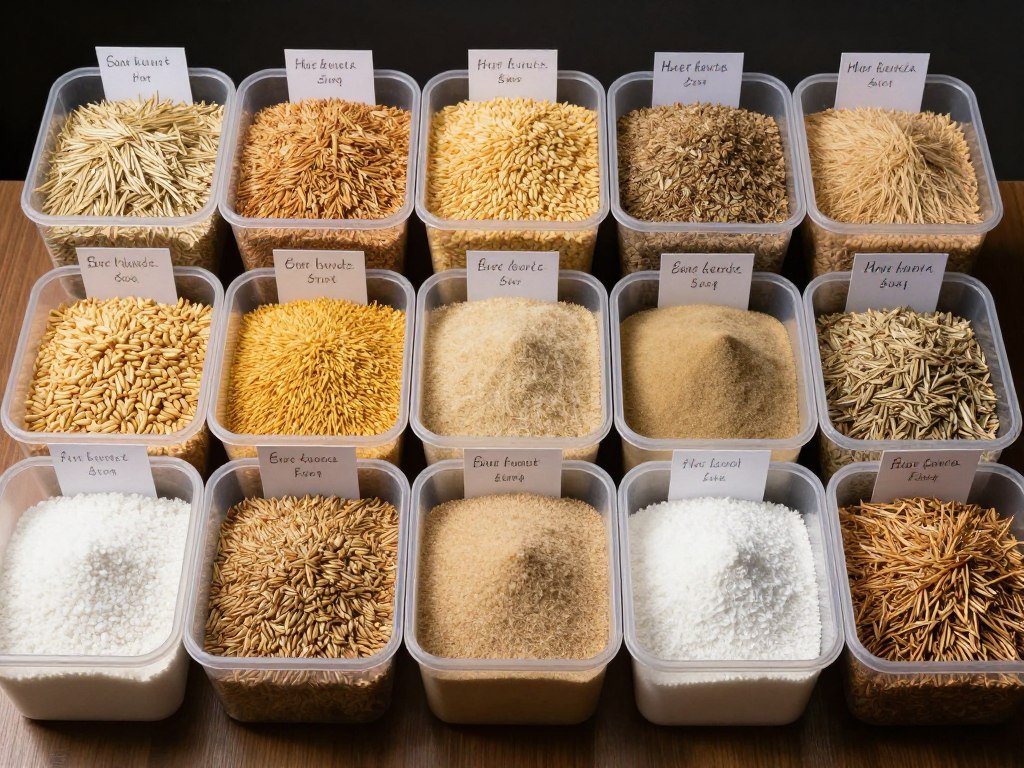 Various raw materials used in goat feed pellet production