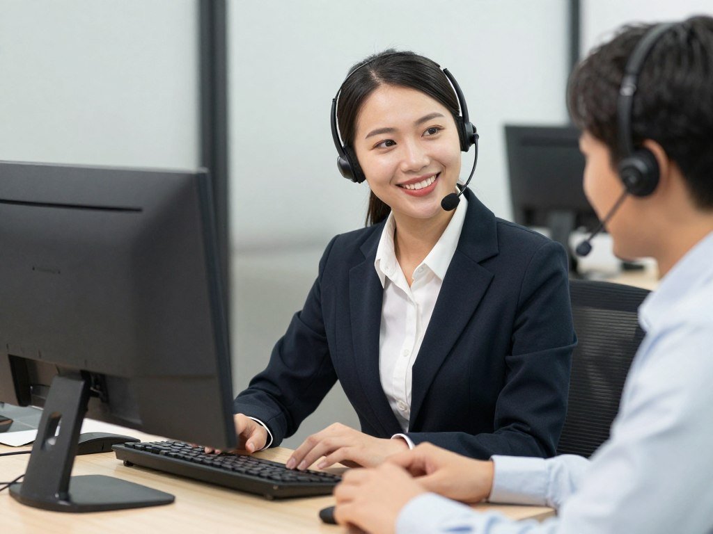 Customer service representative assisting client with pellet machine inquiry