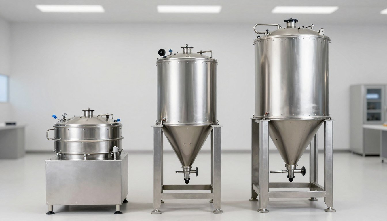 Different capacity pig feed pellet machines arranged by production volume in a showroom