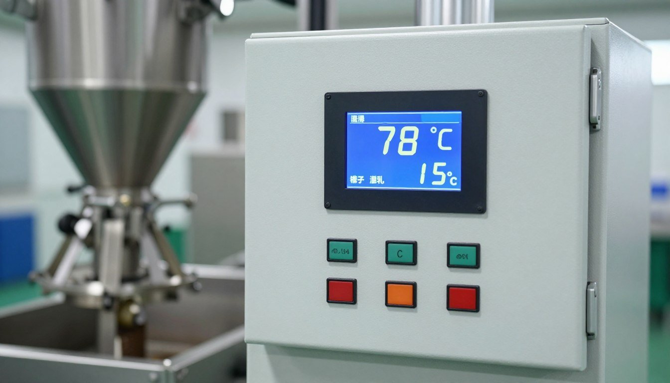 Digital control panel of pig feed pellet machine showing temperature and moisture settings