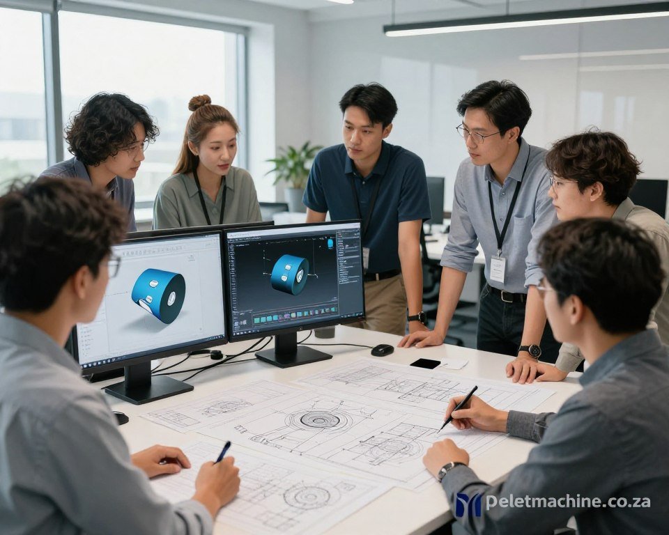 Engineering team reviewing custom pellet machine design drawings