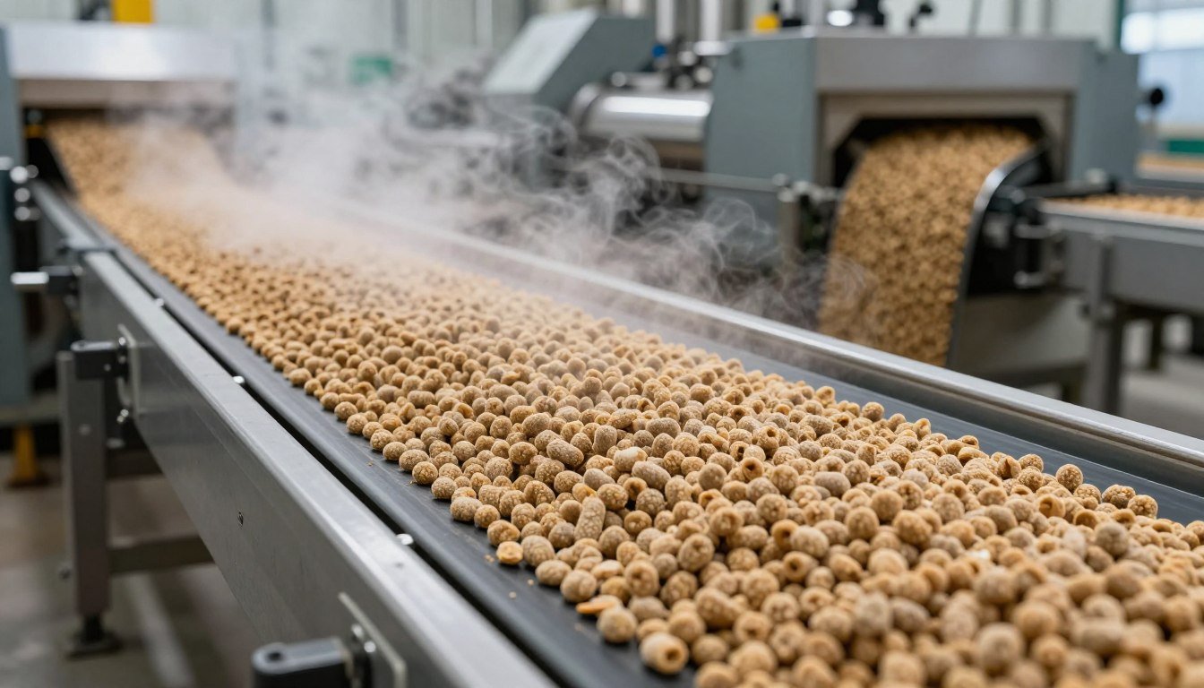 Finisher pig feed pellets cooling on conveyor belt after extrusion from pellet machine