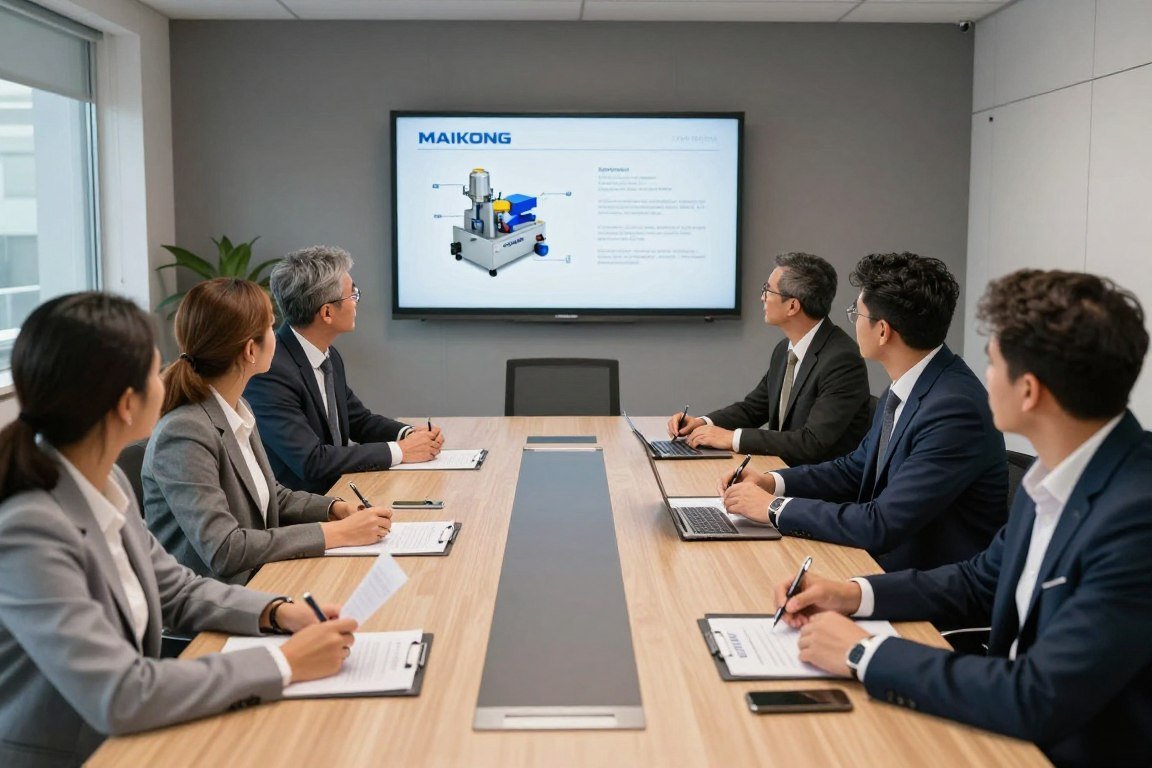 MAIKONG distributor meeting with sales team reviewing pellet machine product line