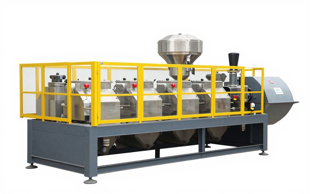 MAIKONG pig feed pellet machine with visible safety guards and emergency stop buttons