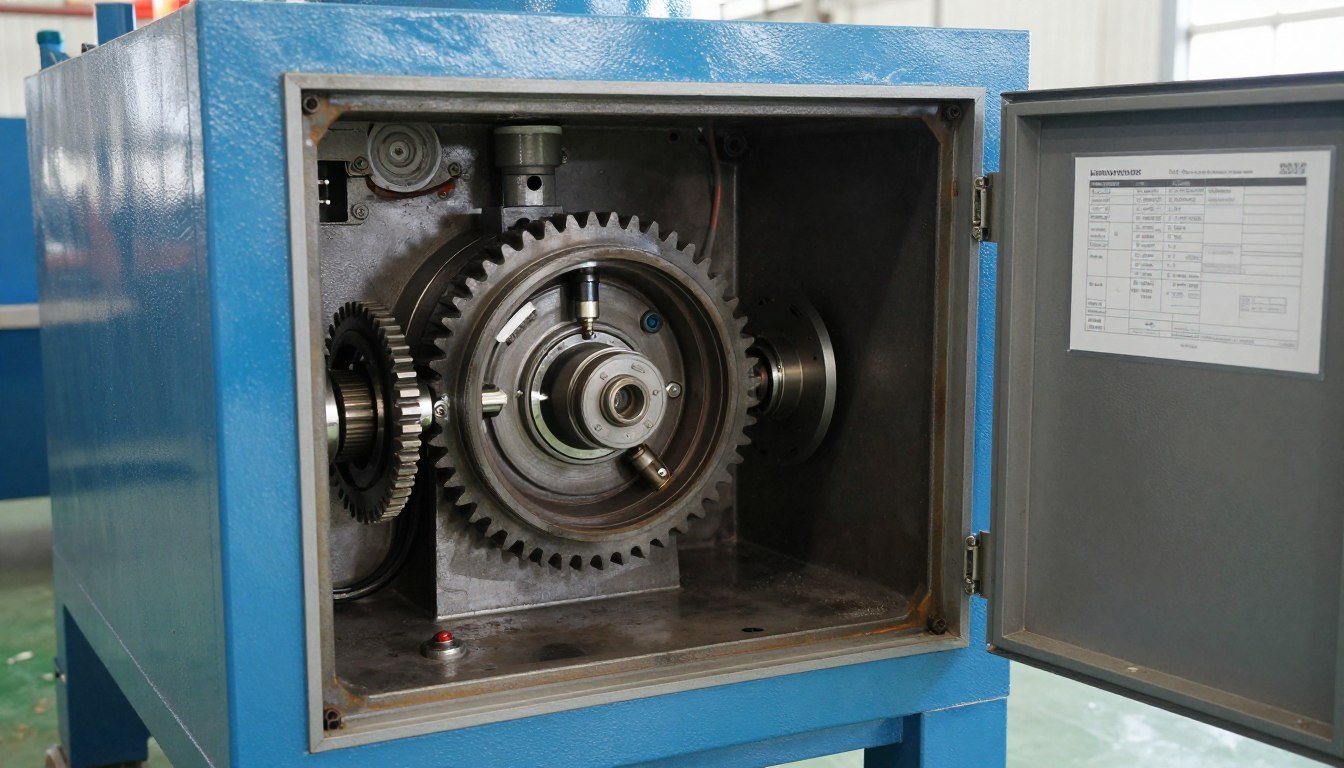 Maintenance access panel open on pig feed pellet machine showing internal components