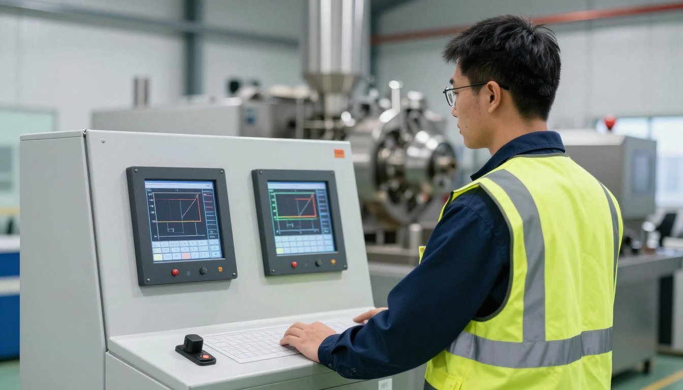 Operator monitoring pellet machine control panel display