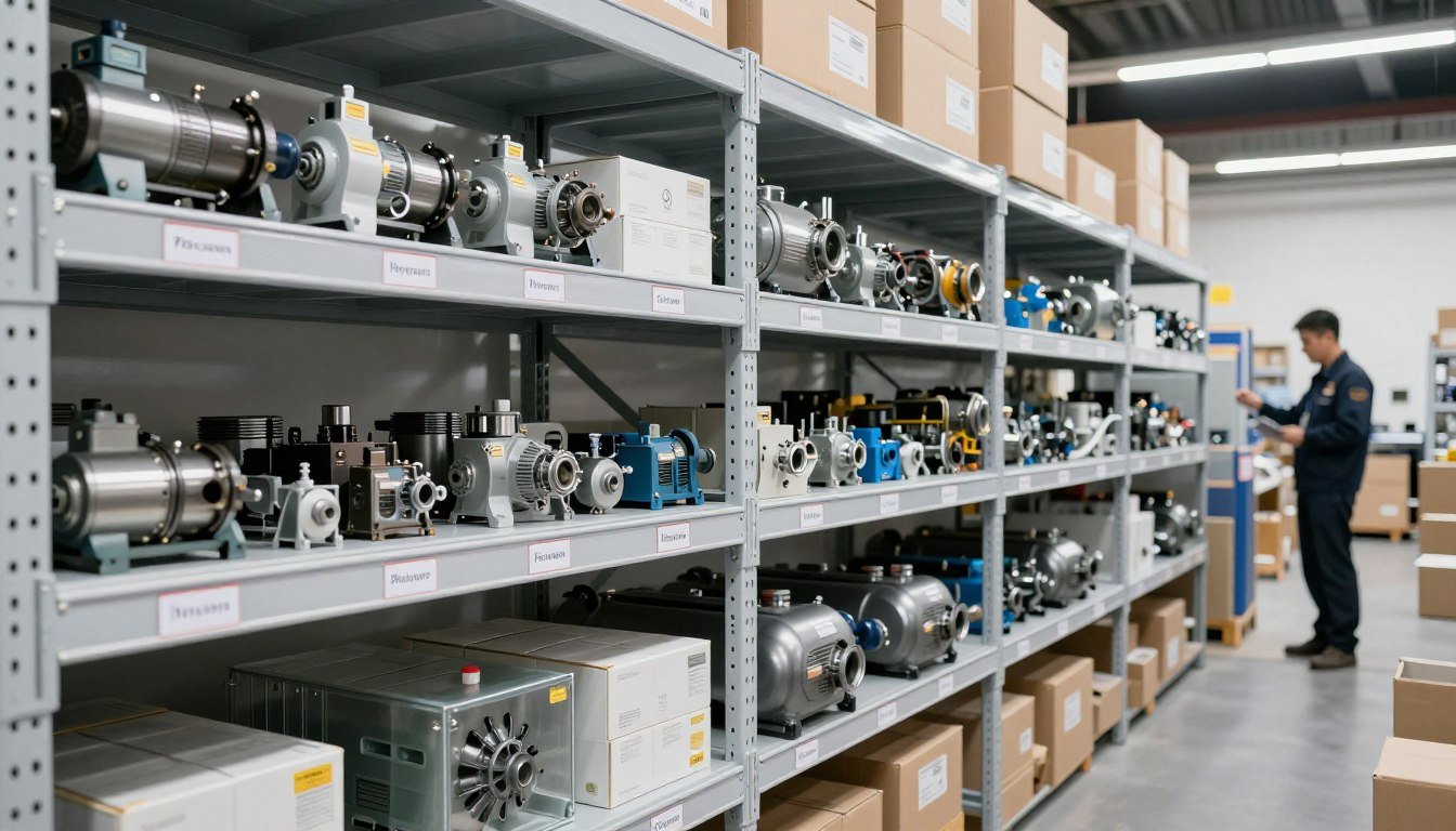 Organized spare parts inventory showing pellet machine components