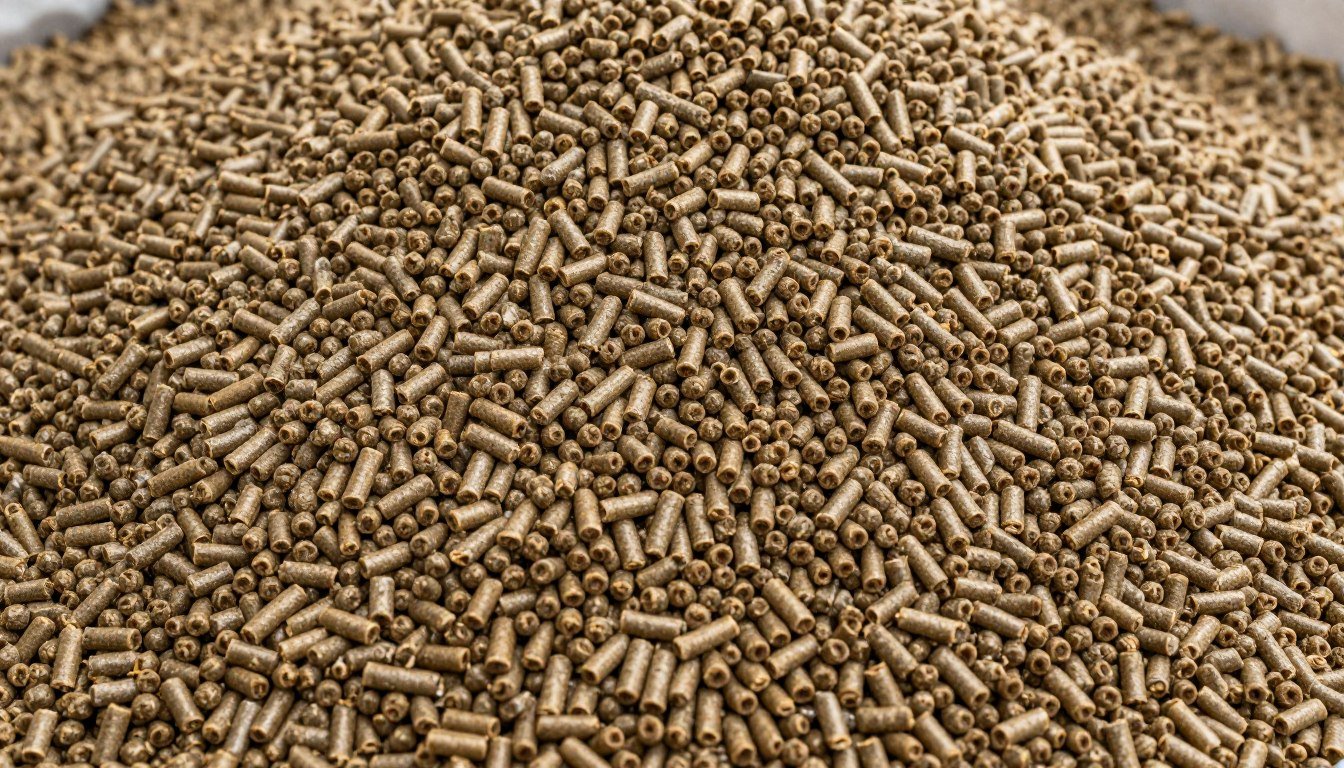 Pig grower feed pellets in bulk storage showing uniform 3-4mm size and good structural integrity