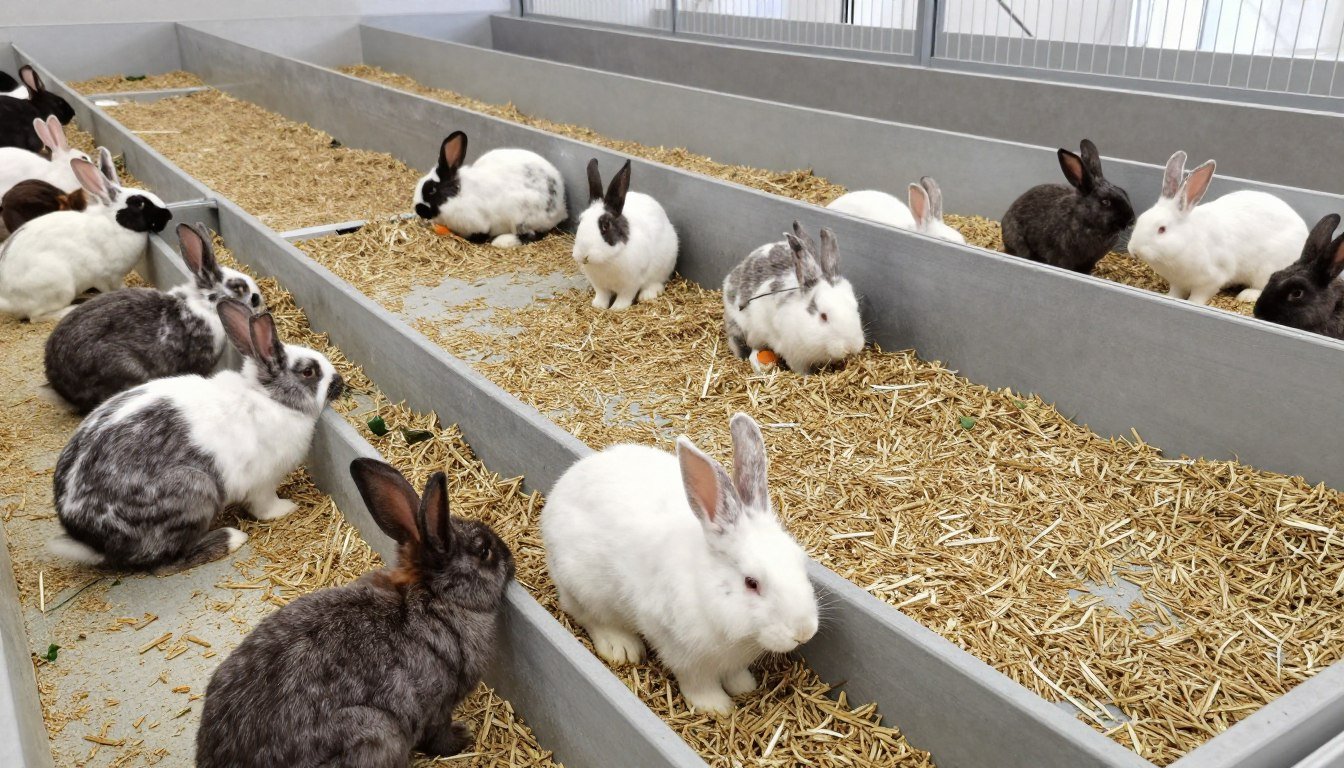 Rabbits eating uniform pelletized feed from feeding troughs in a commercial rabbit farm