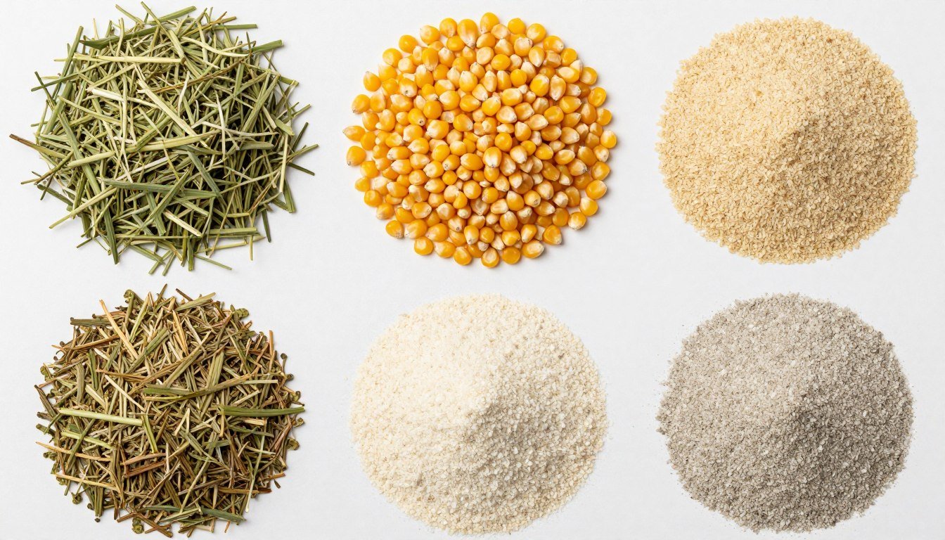 Raw ostrich feed ingredients including lucerne, maize, and supplements before pelleting