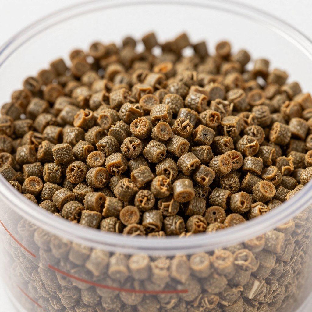 Small diameter pig starter feed pellets in a measurement container showing 2-3mm size