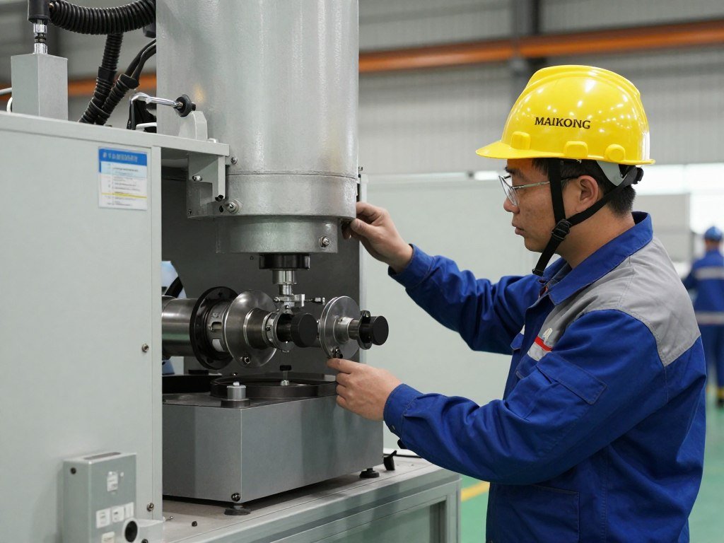 Technician installing and commissioning pellet machine Technician installing and commissioning pellet machine