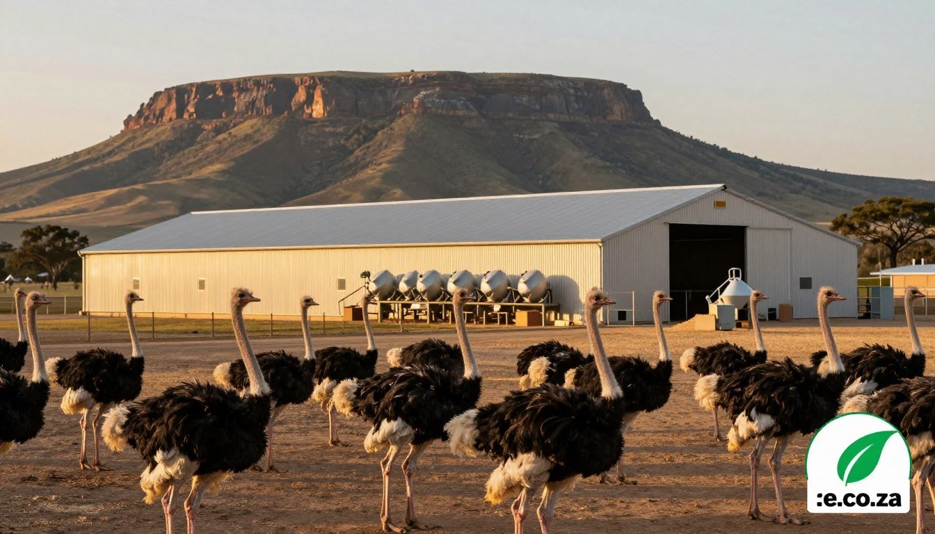 Thriving ostrich farm with modern feed production facility