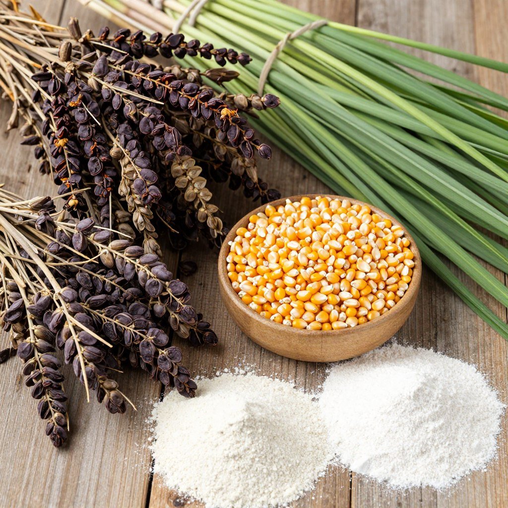 Variety of raw materials for horse feed including lucerne hay, grass, corn, and supplements ready for pelleting