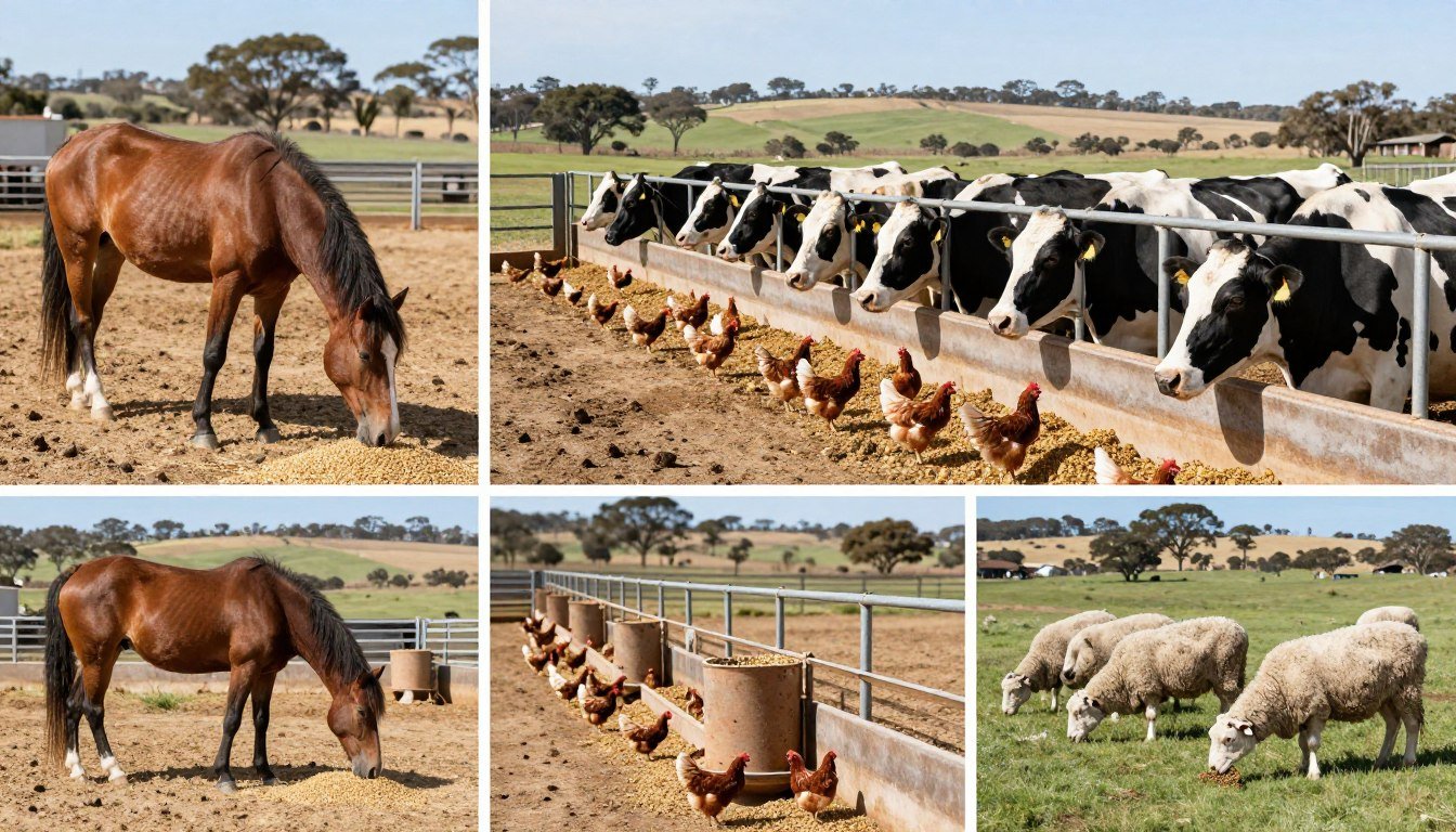 Various livestock including horses, cattle, poultry, and sheep benefiting from pelletised feed products