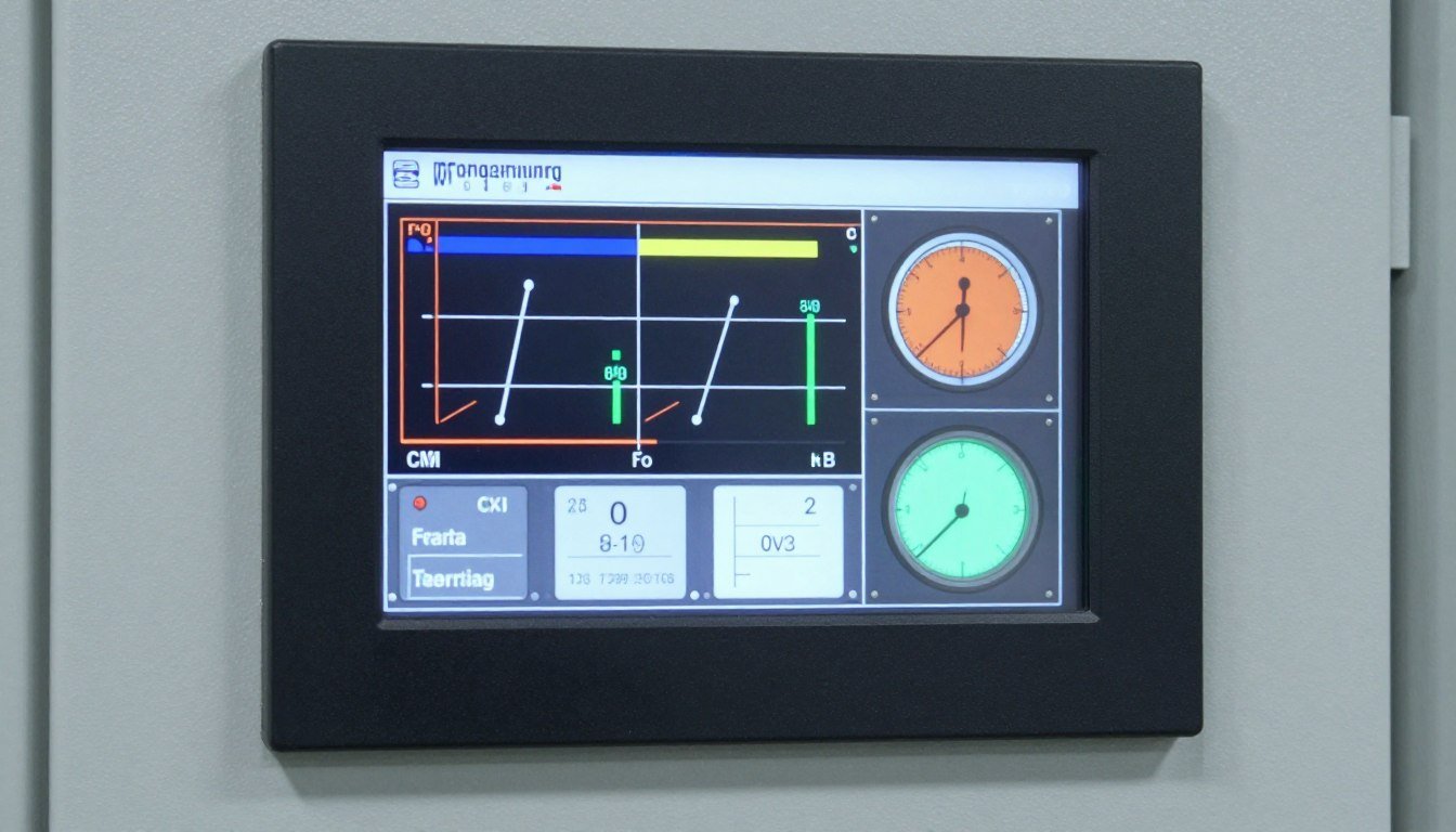 Automated control panel for feed pellet production line showing touch screen interface