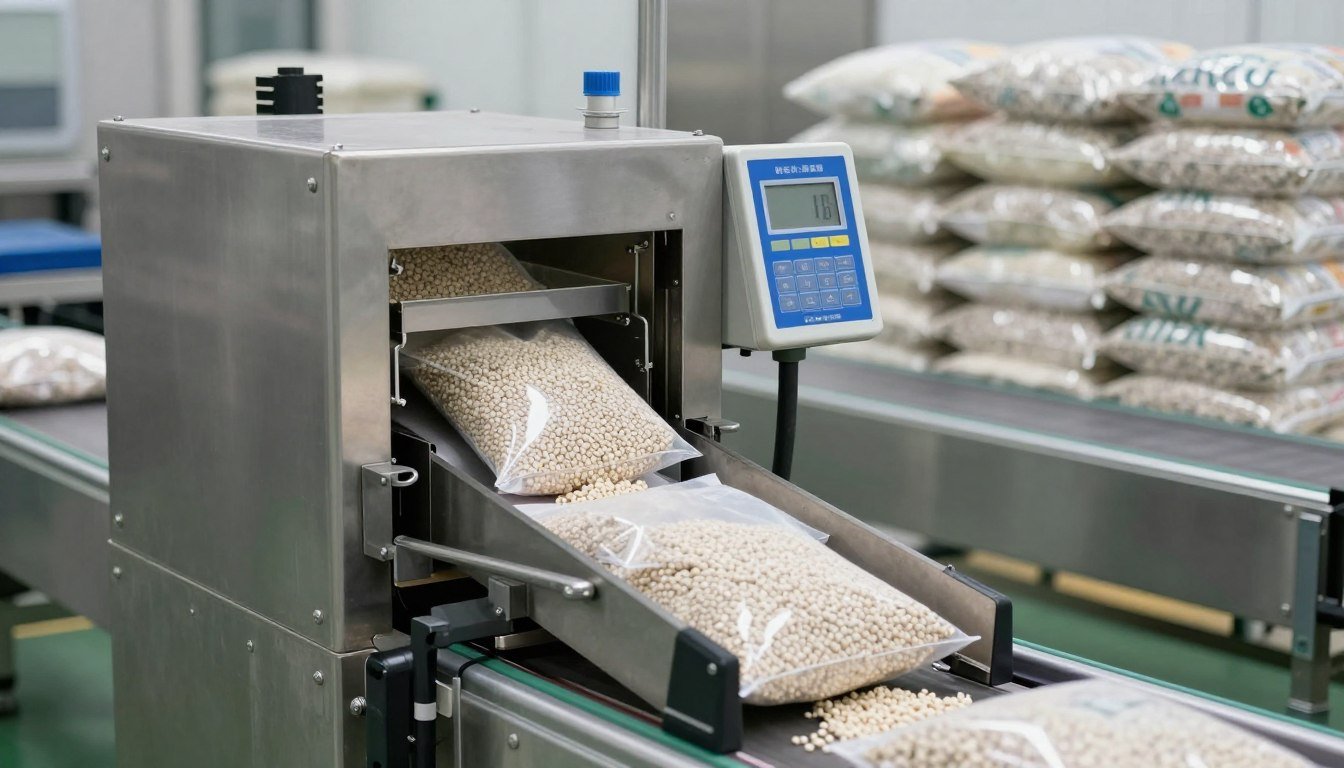 Automatic bagging system filling feed pellet bags Automatic bagging system filling feed pellet bags