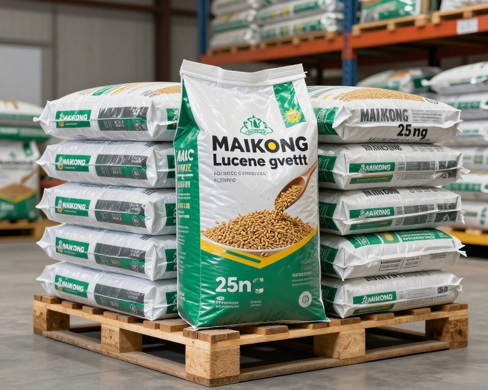 Bags of branded lucerne pellets stacked for commercial sale Bags of branded lucerne pellets stacked for commercial sale
