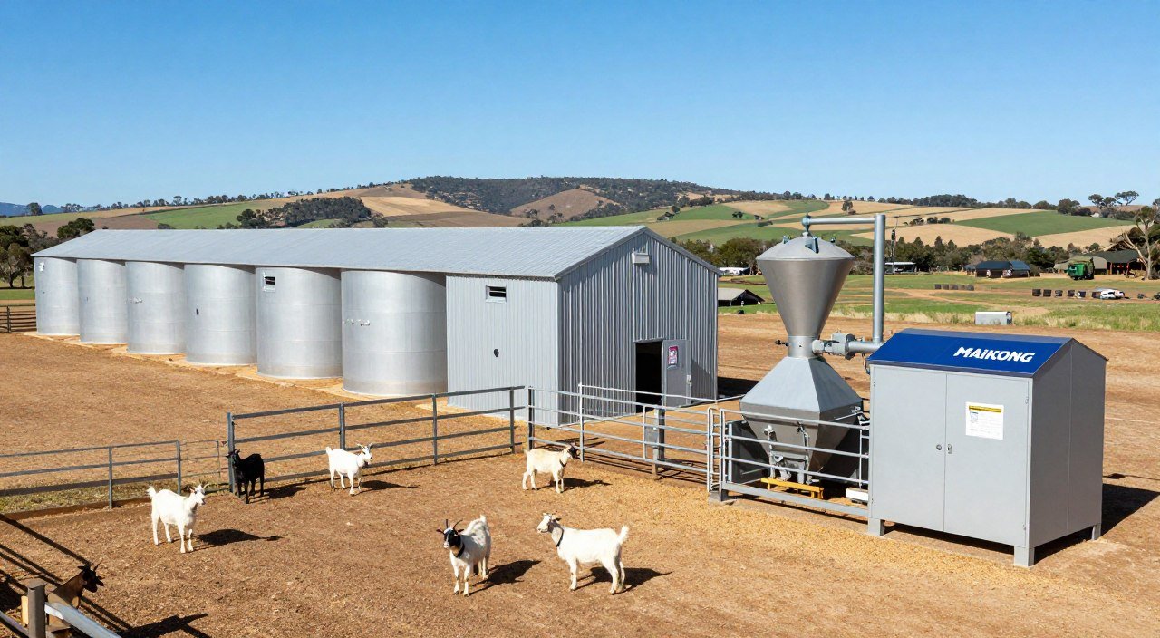 Boer goat farm with feed pellet storage facility