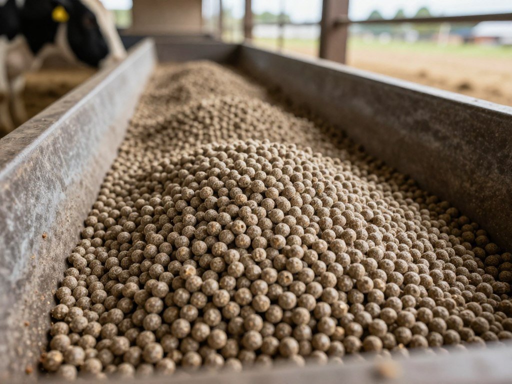 Cattle and sheep feed pellets showing larger diameter sizes